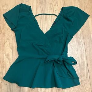 Green Wrap Peplum Blouse with Cap Sleeves